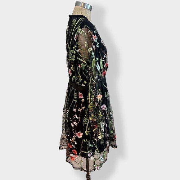 Women's Floral Embroidery Mesh Long Sleeve Black Dress XL - Picture 3 of 6